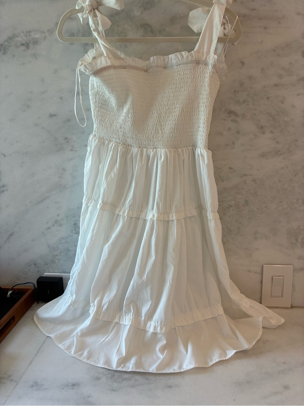 Girls White Smocked Tiered Sundress with Shoulder Ties